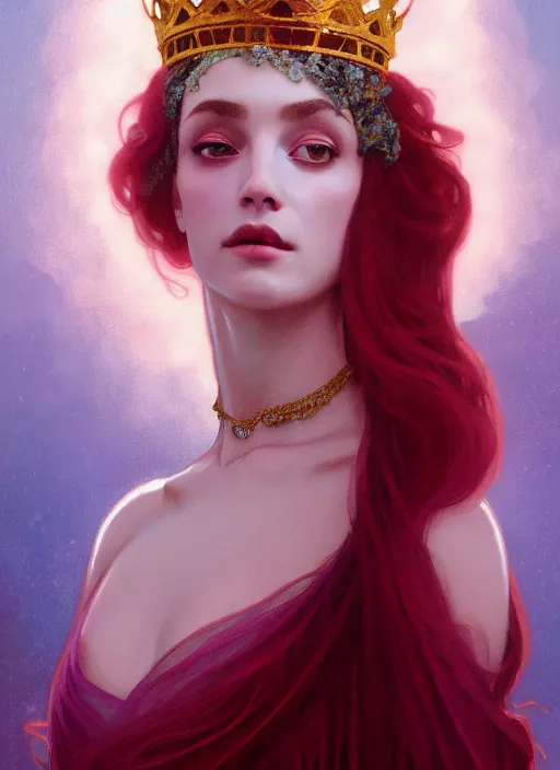 Prompt: ombre velvet gown, lovely queen, portrait, long red hair, small crown, dozens of jeweled necklaces, feral languid woman, by greg rutkowski, anato finnstark, alphonse mucha, global illumination, radiant light
