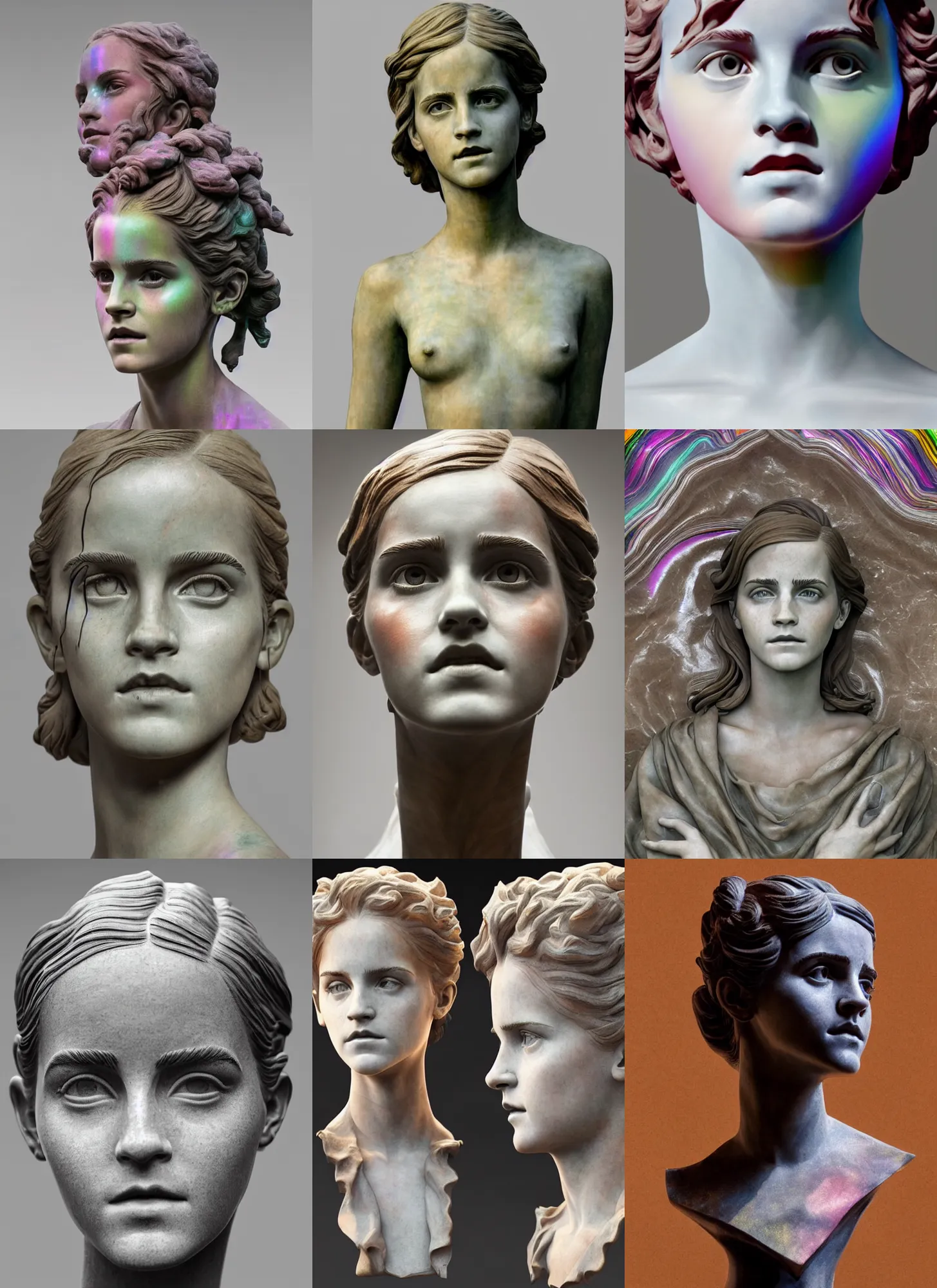 Prompt: sculpture statue of Emma Watson by Jean-Baptiste Carpeaux and Luo Li Rong and Michael James Talbot, all body, very emotional screaming expressions, perfect symmetrical face, psychedelic colors, rainbow glass shining marble, in full growth, elegant, realistic, 8K, female full-skin figure, hyperrealism, subsurface scattering, raytracing, rim light, Octane Render, Redshift, Zbrush