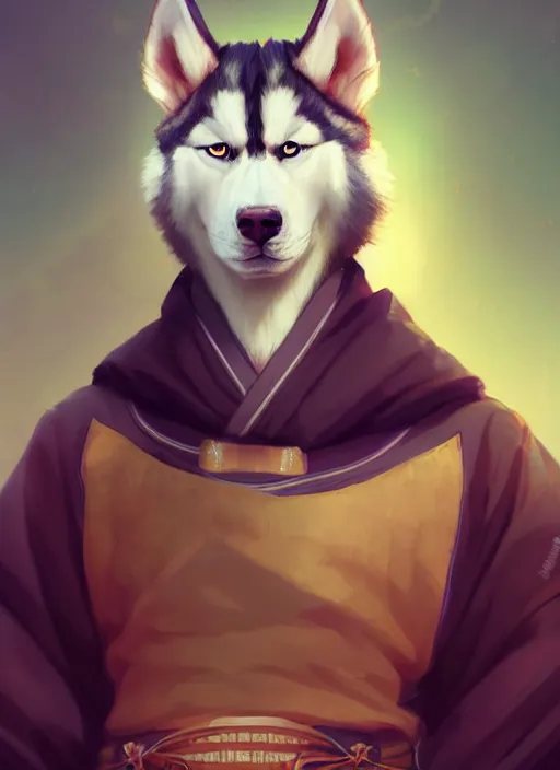 Image similar to beautiful portrait of a male anthro husky wearing samurai kimono. character design by charlie bowater, ross tran, artgerm, and makoto shinkai, cinematic, detailed, soft lighting, rendered in octane