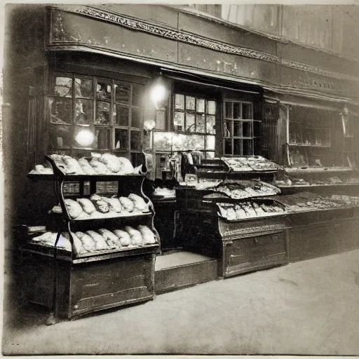 Prompt: nineteenth century, paris bakery interior, montmartre, photograph, style of atget, old, creepy