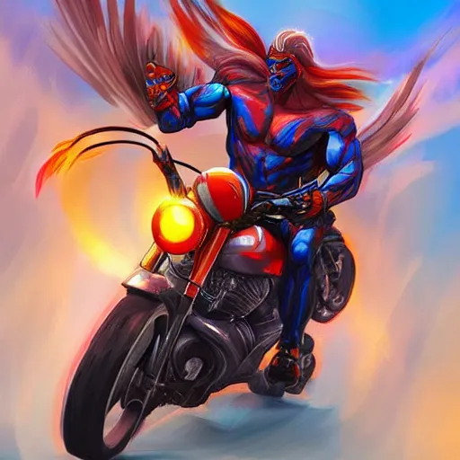 Prompt: muscular man riding motorcycle flying through the air from demons, digital painting, vibrant colors, illustration, artgerm, artstation