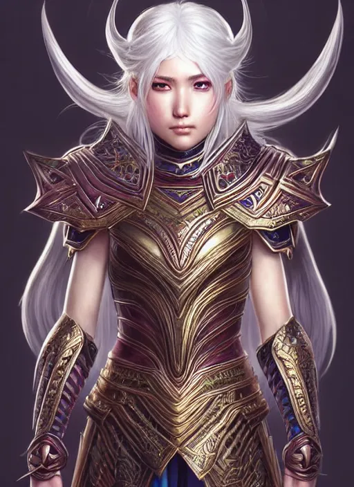 Image similar to warrior, intricate ornate opal heavy armor!!! beautiful and athletic white hair female!! gorgeous face and eyes!! character concept art, sharp focus, octane render! unreal engine 5! highly rendered!! trending on artstation!! detailed linework!! illustration by artgerm, wlop, and chie yoshii