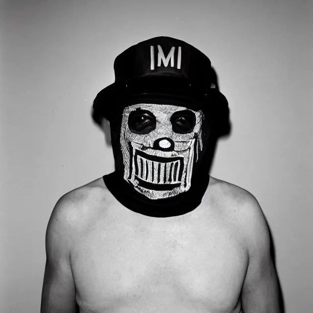 Image similar to Chaves El Chavo del Ocho wearing the MF Doom mask. a black and white photograph close-up studio portrait by Robert Mapplethorpe. Tri-x. Madvillain album cover