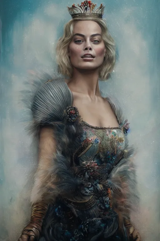 Image similar to A stunning realistic fine art painting of Margot Robbie as a queen by Tom bagshaw, studio portrait, 50mm lens 4k,