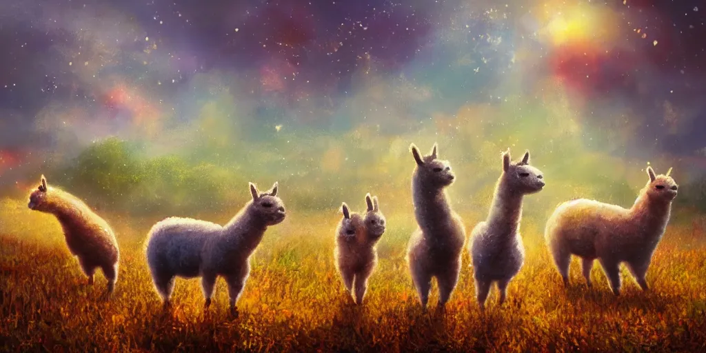 Prompt: magical fairy alpacas frolicking in a field, autumn, sparkles, light beams, digital art, oil painting, fantasy, 8 k, trending on artstation, detailed