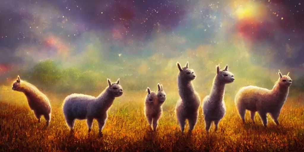 Image similar to magical fairy alpacas frolicking in a field, autumn, sparkles, light beams, digital art, oil painting, fantasy, 8 k, trending on artstation, detailed