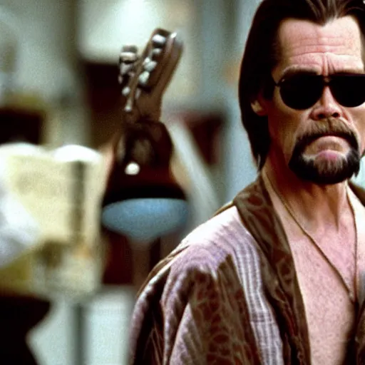 Image similar to jim carrey as the dude as the big lebowski, movie still