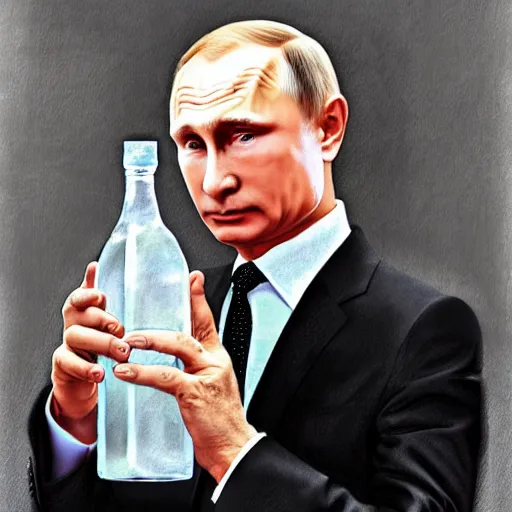 Image similar to vladimir putin wearing a dress and holding a bottle of arak, cinematic, beautiful digital painting, hyper detailed