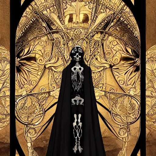 Image similar to a skeleton in a black cloak, highly detailed, very intricate, art nouveau, gold filigree, tarot concept art watercolor illustration by mandy jurgens and alphonse mucha and alena aenami, featured on artstation