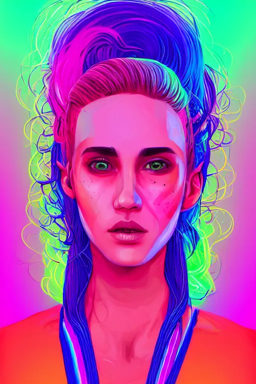 Image similar to a award winning half body portrait of a beautiful woman with stunning eyes in a croptop and cargo pants with rainbow colored ombre hairstyle head in motion and hair flying by josan gonzales, neon outlines, outrun, vaporware, shaded flat illustration, digital art, trending on artstation, highly detailed, fine detail, intricate