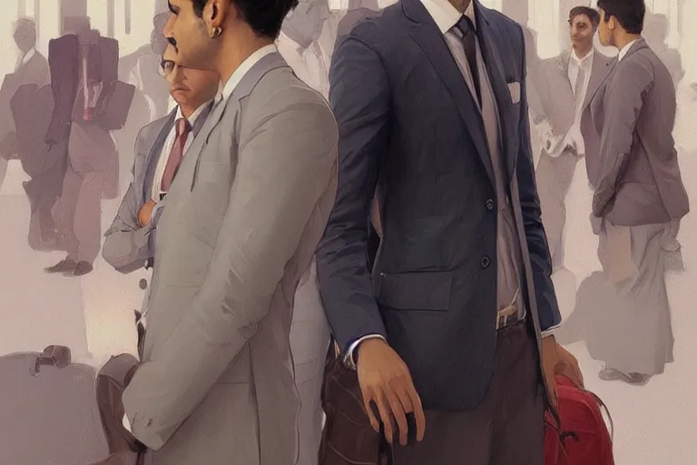 Image similar to Anxious good looking pale young Indian doctors wearing suits at the airport, portrait, elegant, intricate, digital painting, artstation, concept art, smooth, sharp focus, illustration, art by artgerm and greg rutkowski and alphonse mucha