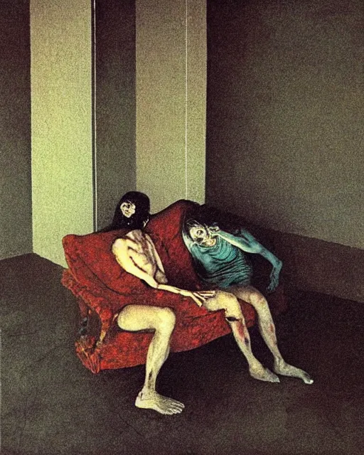 Prompt: an old dead couple sitting on a couch in an old soviet apartment,  Francisco Goya painting, part by Beksiński and Gerhard Richter. art by Takato Yamamoto, Francis Bacon masterpiece