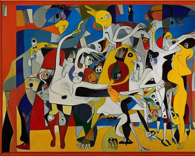 Image similar to a painting of guernica with characters from an os gemeos painting by graham sutherland, egon schiele, gustav klimt, joan miro, basquiat, expressionism