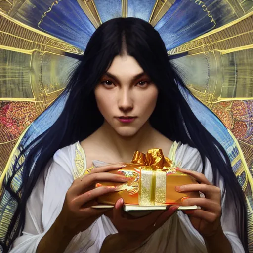 Image similar to a fortune teller holding a wrapped birthday gift with a confused look on their face, art by artgerm and greg rutkowski and alphonse mucha, concept art, octane render, unreal engine 5, highly detailed, high quality, 8 k, soft lighting, realistic face, path traced