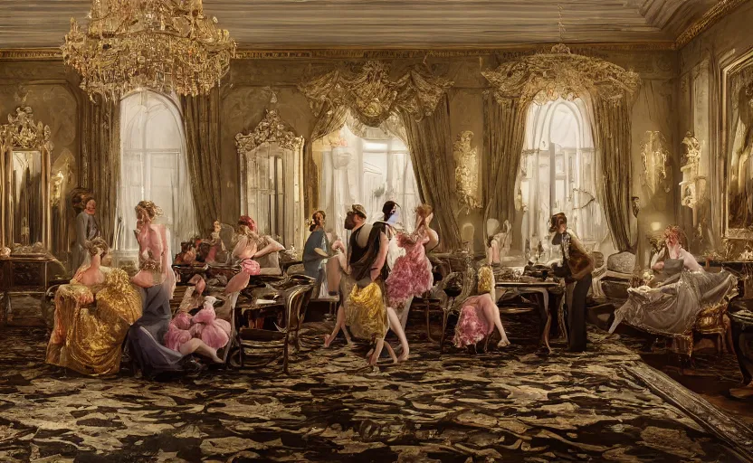 Image similar to realist rococo painting of a 1 9 2 0 s grand party in a beautiful mansion, many partygoers, strong contrast, unreal engine, hyper realism, realistic shading, cinematic composition, realistic render, octane render, detailed textures, photorealistic, ultrawide shot, 3 5 mm film