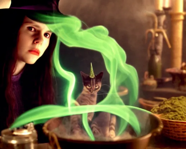 Prompt: close up portrait, calm serious teen witch and her cat mixing a spell in a cauldron, faint wispy smoke fills the air, a witch hat, cinematic, faint green glowing smoke is coming out of the cauldron, ingredients on the table, apothecary shelves in the background, still from nickelodeon show are you afraid of the dark?