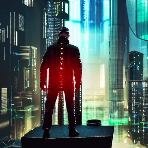 Prompt: a man dressed in cyberpunk style clothing standing on top of a raised platform, futuristic city in the background