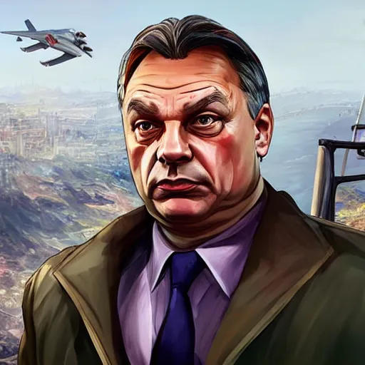 Image similar to Viktor Orban as a character in the game GTA VI, with a background based on the game League of Legends, detailed face, PAINTING BY android jones