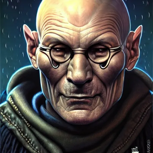 Image similar to portrait painting of a cyberpunk orc doctor who looks like patrick stewart with tusks, shadowrun, ultra realistic, concept art, intricate details, eerie, highly detailed, photorealistic, octane render, 8 k, unreal engine. art by artgerm and greg staples and elsa beskow and brian froud and jessica rossier