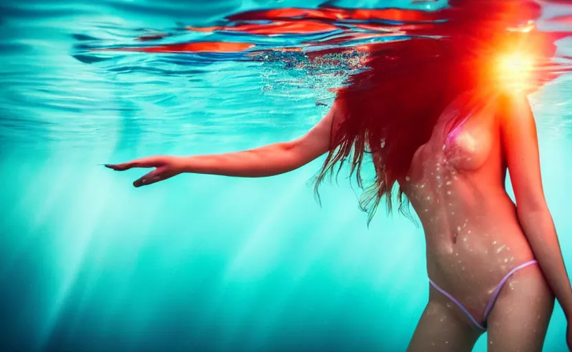 Prompt: photo of very beautiful woman underwater during sunrise, sunrays, caustics, rippling water, photoshoot, flowing hair and colorful fabric, haunting, iconic, masterpiece, sharp focus