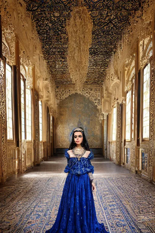 Prompt: a dramatic photo of a beautiful young Persian princess wearing a traditional blue dress, standing in a large empty hall, lit from above with vaulted ceilings and high windows. Photorealistic. Hyperreal. Hypermaximalist. Ornate. Intricate. Highly Detailed.