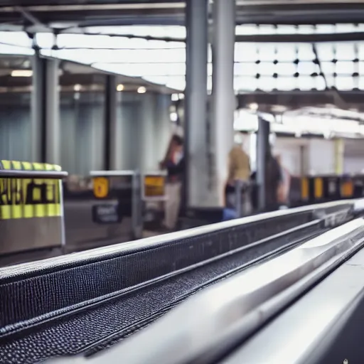 Prompt: a medium sized suitcase on an airport industrial conveyor belt, moving on its way to a plane