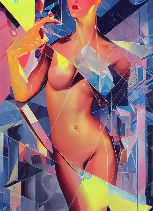 Prompt: futuristic lasers, data visualization, cyberpunk visor rain, wet, oiled, sweat, girl pinup, by steven meisel, james jean and rolf armstrong, geometric cubist perfect geometry abstract acrylic and hyperrealism photorealistic airbrush painting with retro and neon colors