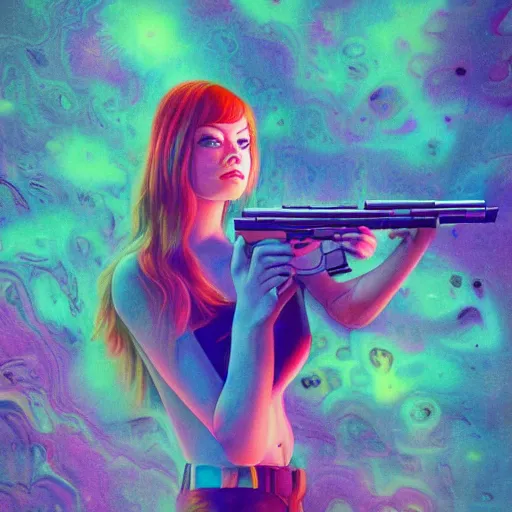 Image similar to Emma Stone with gun swimming in chromatic distortions in misty mysterious place, beautiful, psychedelic, lsd, trending on artstation, omnious, soft, artwork by Tran, Ross