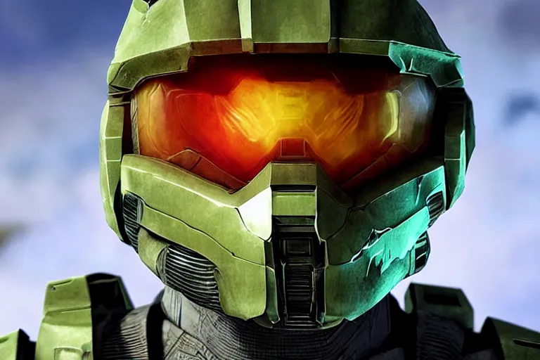 Image similar to halo master chief with a new neon rgb suit, photorealistic, 8 k, cinematic