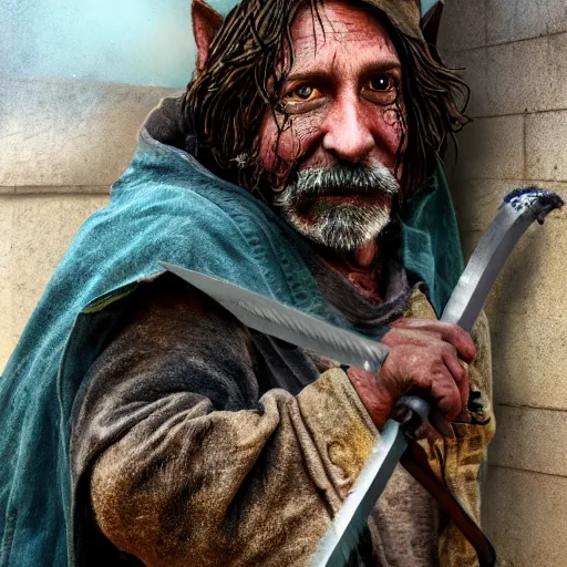 Prompt: a high detail shot of a dirty, homeless cat wearing rags, holstering sword, realism, 8 k, fantasy, d & d, concept art