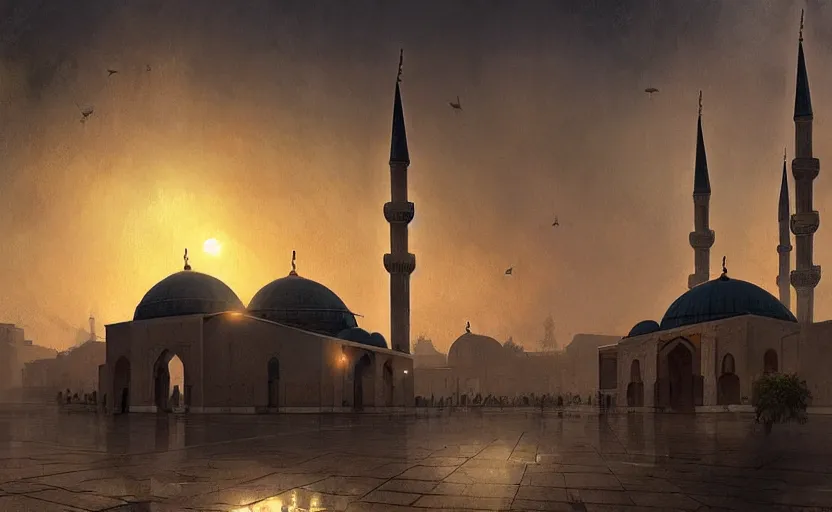 Image similar to painting of a mosque in instanbul at sunset, natural light, concept art, by greg rutkowski, cozy atmospheric and cinematic lighting