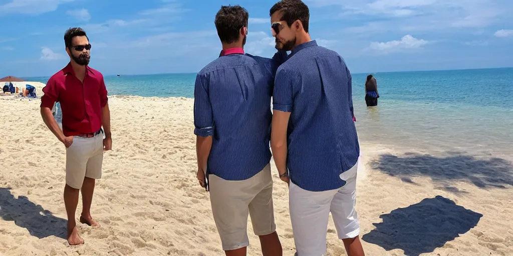 Image similar to a handsome guy is standing tall, in a beautiful shirt, with the beach, sea, sun, rays in the background? super detail, one character