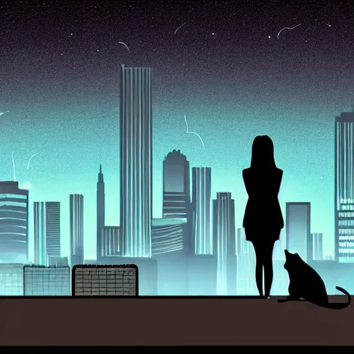 Prompt: woman with short black hair holding a cat looking at a city during the night, anime, simplistic, digital art