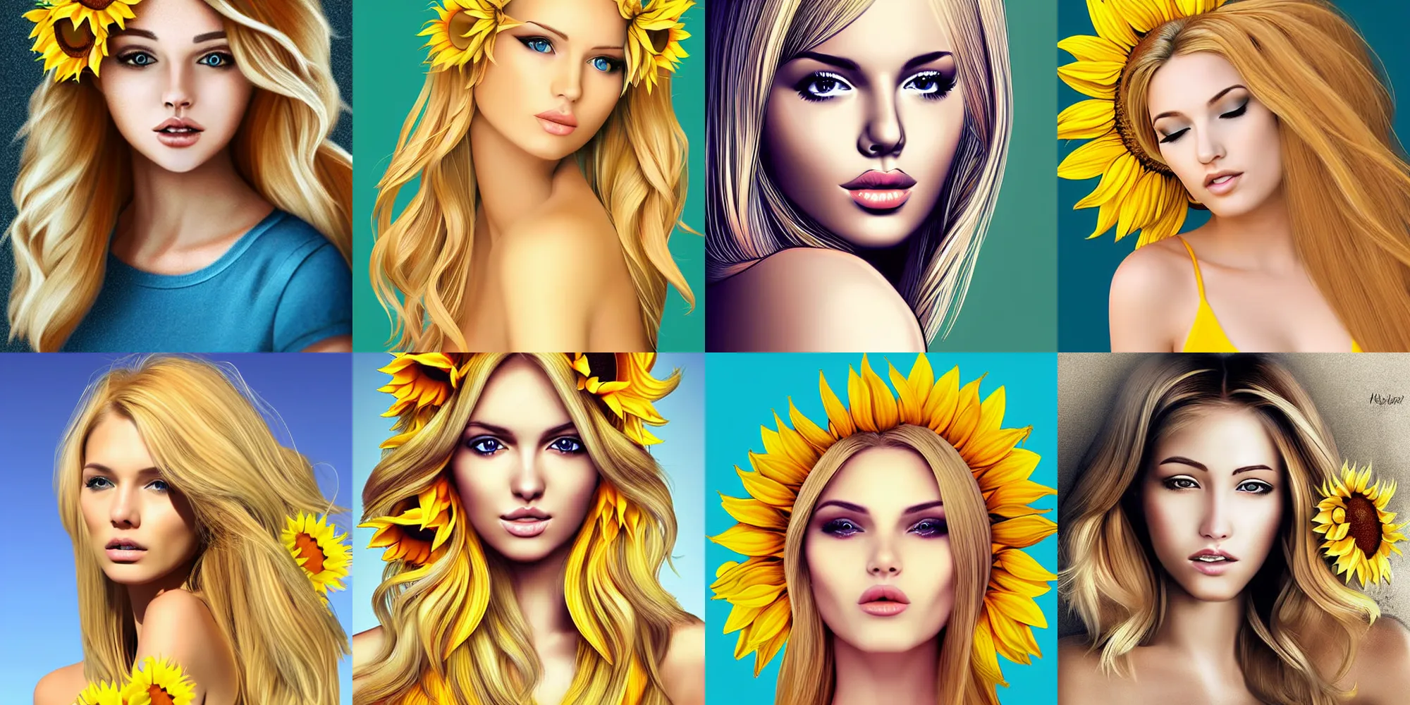 Prompt: blonde beautiful perfect women with sunflower shape hair. high quality, digital art