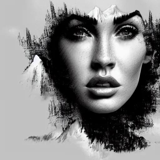 Image similar to double - exposure effect of megan fox face blended in beautiful mountains, in the style of dan mountford, amazing detail, black and white