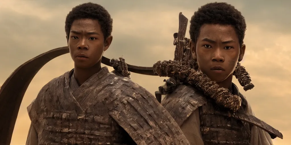Image similar to a film still of a black boy starring in a japanese blockbuster film as ancient samurai, intense, shallow depth of field, cinematic, award winning cgi, vfx, film still