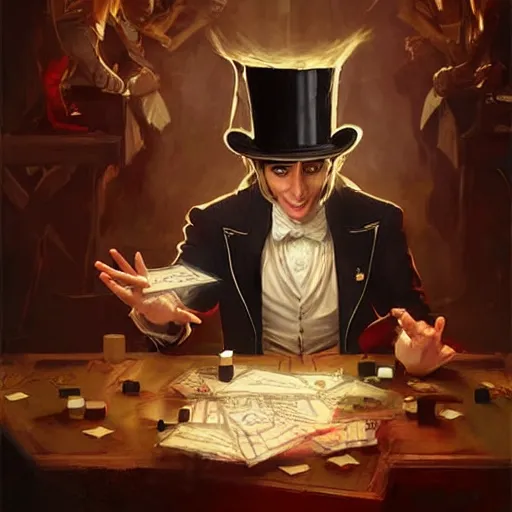 Image similar to magic elf magician wearing top hat performing a card trick, fantasy game art by greg rutkowski, fantasy rpg, league of legends