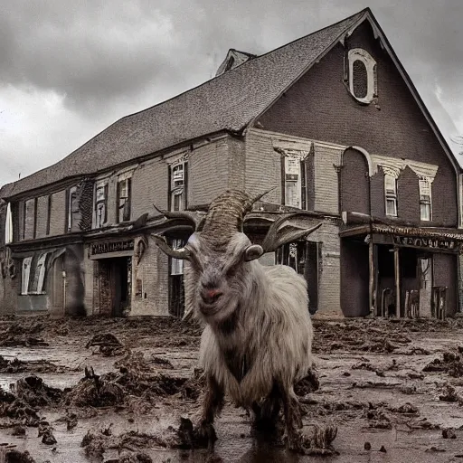 Image similar to horror, cinematic, still from film, daytime, muddy village square, wide shot, mutant goat monster with a mouth crammed full of sharp teeth, filthy matted fur and mountain goat horns, village square