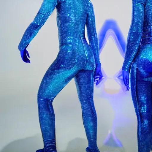 Image similar to love, diverse blue cybersuits, from behind, connection rituals, wide wide angle, vivid, elaborate, highly detailed, beautiful lighting