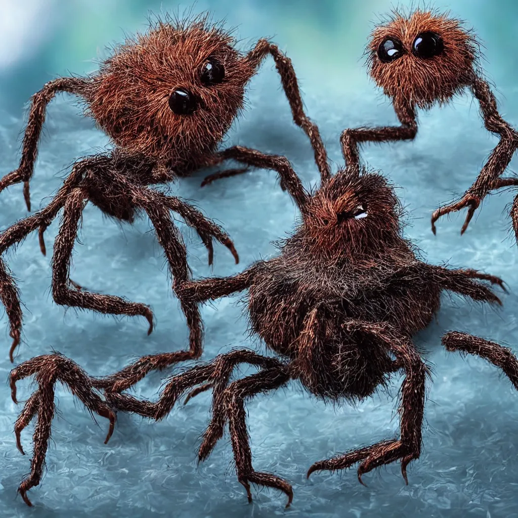 Image similar to cute beautiful duck-spider-monster with a beak and fluffy, alien landscape in background