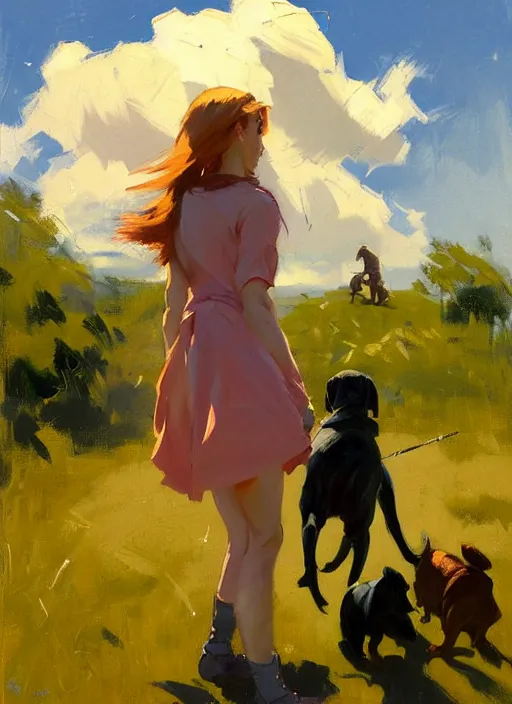 Image similar to Greg Manchess painting of Zero Two in casual wear out playing with the dogs, countryside, fantasy character portrait, dynamic pose, above view, sunny day, thunder clouds in the sky, artwork by Jeremy Lipkin and Giuseppe Dangelico Pino and Michael Garmash and Rob Rey, very coherent asymmetrical artwork, sharp edges, perfect face, simple form, wacky, 100mm