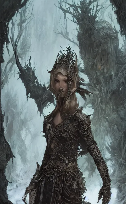 Image similar to elven rogue of the forest meet an outsider, surprise face, front game card, drark, marvel comics, dark, intricate, highly detailed, smooth, artstation, digital illustration by ruan jia and mandy jurgens and artgerm and wayne barlowe and greg rutkowski and zdislav beksinski