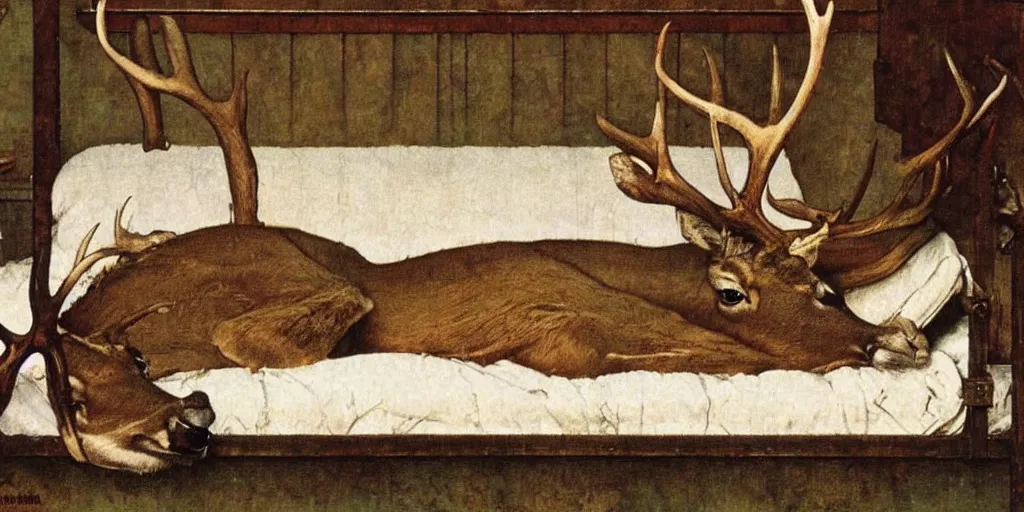 Prompt: deer with antlers sleeping on a cot, norman rockwell