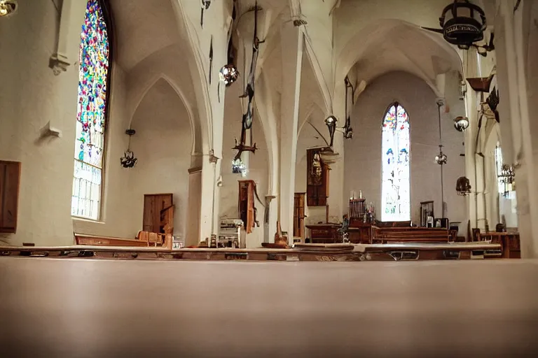 Image similar to low quality photo inside a church but the floor is melting into the universe