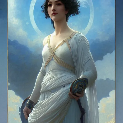 Image similar to blue numenor at sunset, intricate, elegant, highly detailed, digital painting, artstation, concept art, smooth, sharp focus, illustration, art by artgerm and greg rutkowski and alphonse mucha and william - adolphe bouguereau
