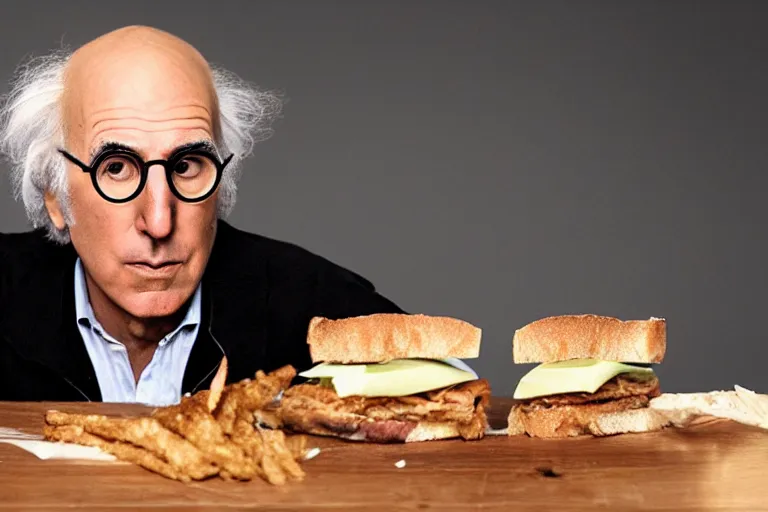 Image similar to larry david eating a sandwich, horror film still, dark atmosphere, found footage, nightmare, unsettling, cinematic, dim lighting, pain, agony, suffering