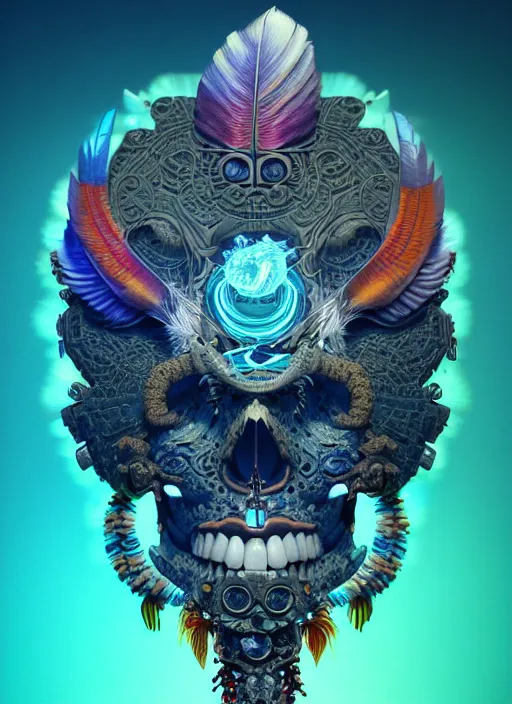 Image similar to 3 d shaman with tattoos profile portrait, sigma 5 0 0 mm f / 5. beautiful intricate highly detailed quetzalcoatl skull and feathers. bioluminescent, plasma, lava, ice, water, wind, creature, thunderstorm! artwork by tooth wu and wlop and beeple and greg rutkowski, 8 k trending on artstation,