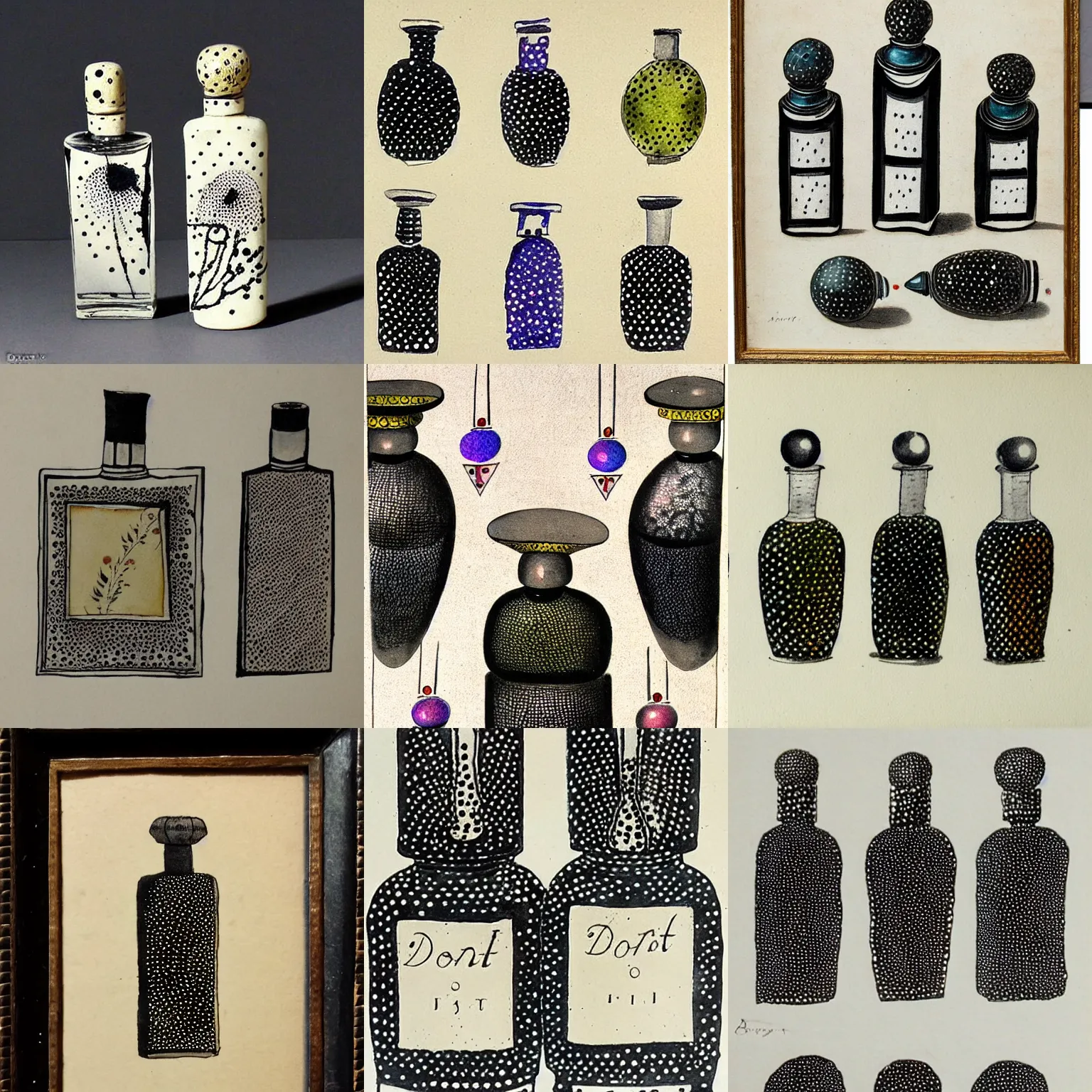 Prompt: dot art by benday, 1 8 th century perfume bottles, ink painting on paper