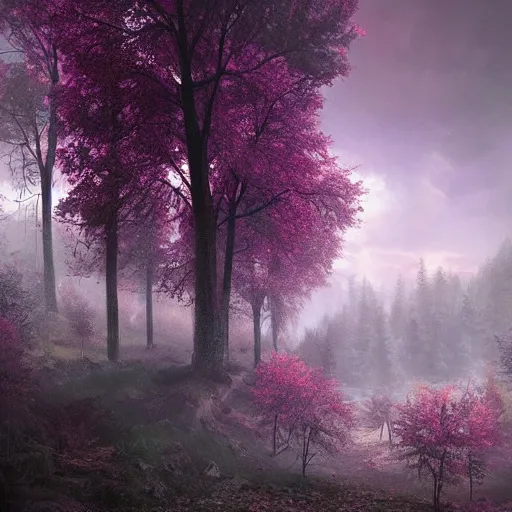 Image similar to michal karcz grunge painting of a beautiful landscape. , purple trees, detailed, elegant, intricate, 4k,