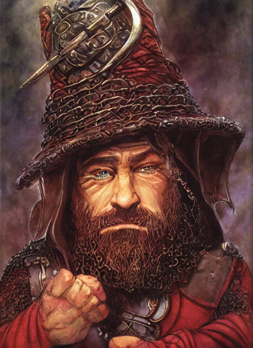 Image similar to portrait of dwarf sorcerer, beautiful! coherent! dungeons and dragons character, by brian froud, larry elmore, gerald brom, ralph horsley, wayne reynolds, strong line, deep color, chainmail, short red hair, high contrast